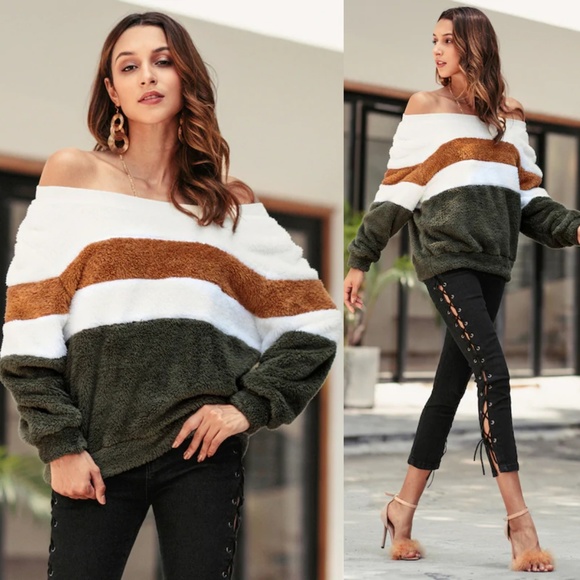 Sweaters - Off Shoulder Colorblock Plush Sweater Sweaters - Off Shoulder Colorblock Plush Sweater